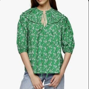 Topshop Green Floral Three Quarter Puff Sleeve Keyhole Blouse- Size 6